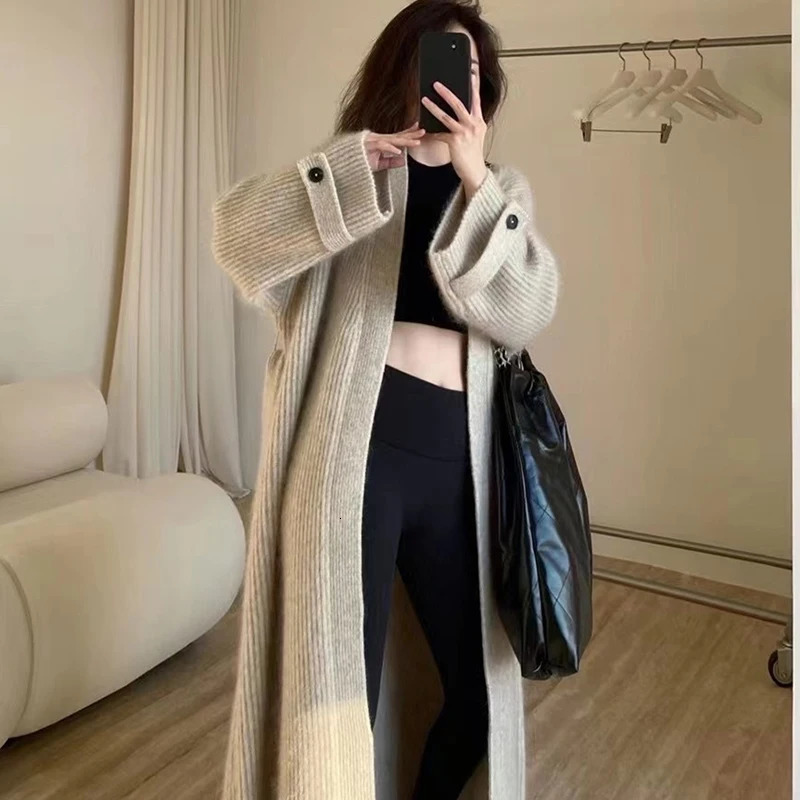 Long Sleeve Knit Sweater Cardigan Loose Long Coat Autumn Winter Women Clothing Casual High Street Vintage Simple Oversize Thick 241028