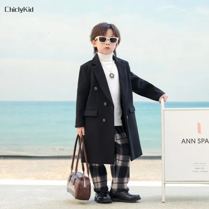 Boys Autumn Winter Solid Fashion Double-breasted Long Woolen Coat Kids Windbreaker Jacket Children Outerwear Thick Overcoat 241028