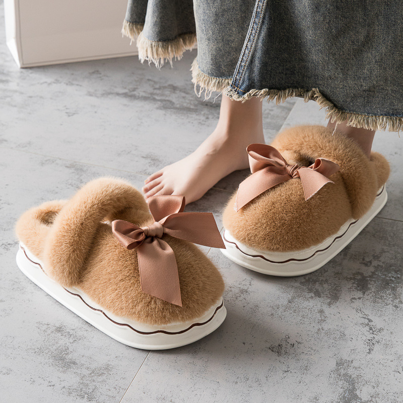2024 New Autumn/Winter Plush Bow Slippers for Women's Home, Anti slip Thick Soft soled NEW hot Cotton Shoes, Free Shipping