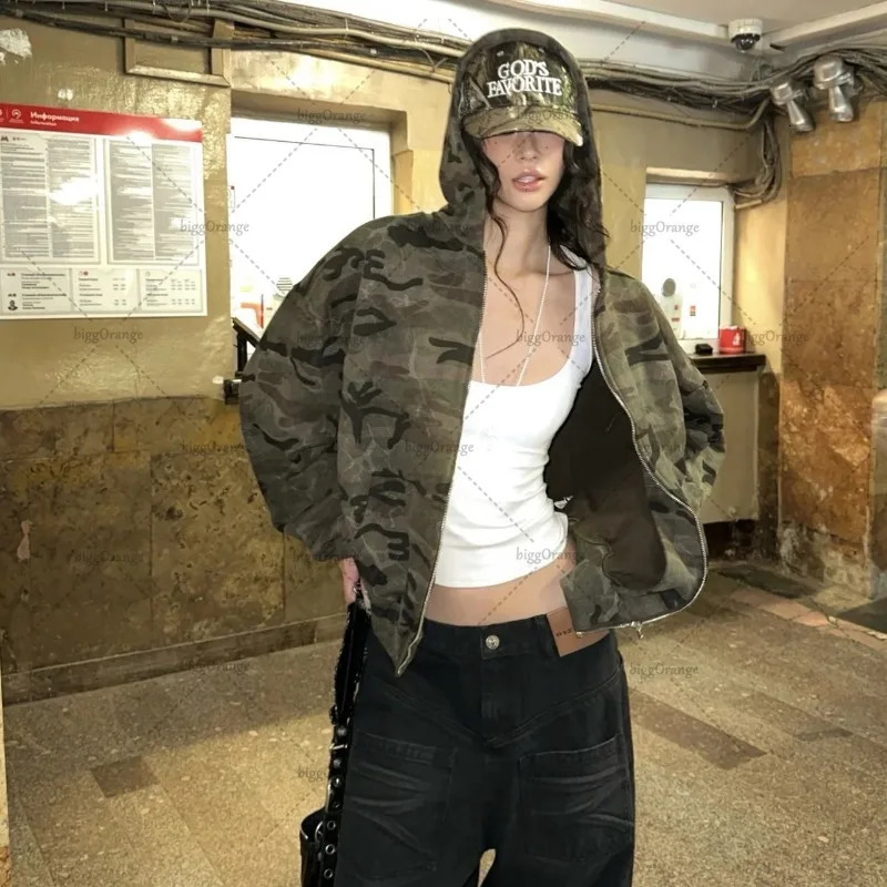 Y2K Harajuku Retro Camouflage Zipper Hoodie Hip-hop Punk Trend Streetwear Jacket Women Fashion Casual Loose Sweatshirt 241028
