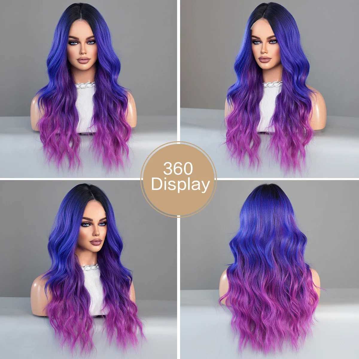 New Arrival High definition transparent lace front wig blue Ombre purple body wave wig with bangs high-density synthetic lace front part wig Z241028