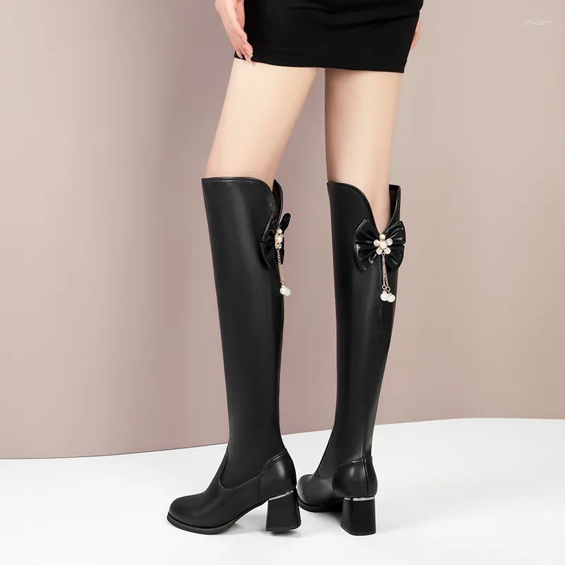 Boots Designer Pointed Toe Women Knee High 2024 Fashion Back Bowknot Long Thick Heels Autumn Winter Ladies Shoes b4ca