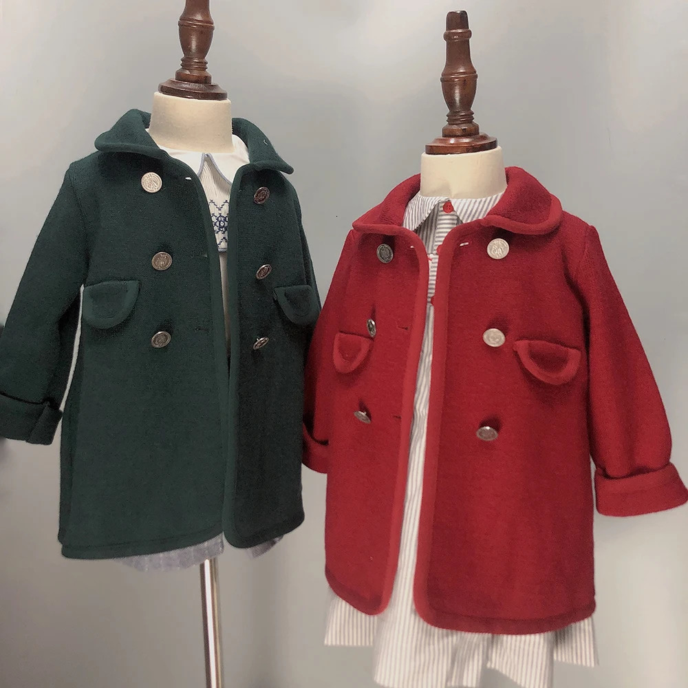 Girls Coat Boys Coat Woolen Winter Green Red Warm Slim Christmas Eid Clothing British Royal Style Children Vintage Clothing 241028