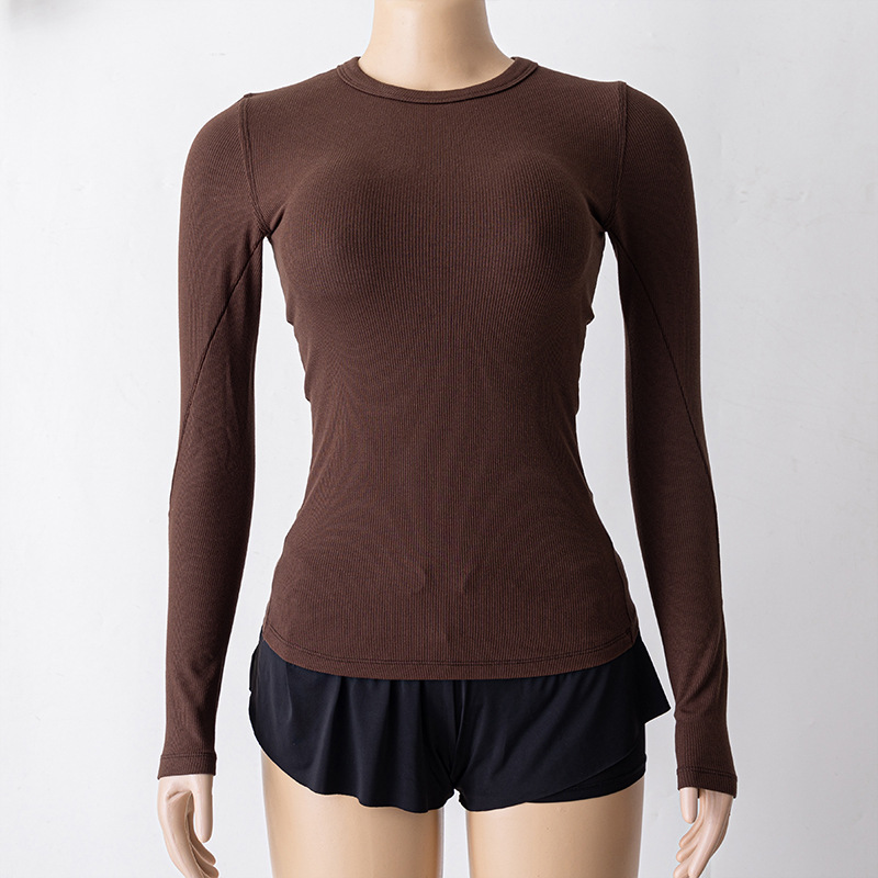 2025--Womens Yoga Hold Tight Shirts Long Sleeve Shirt Solid Color Sports Fitness Women Round Neck Top Jogging Sportswear Breathable