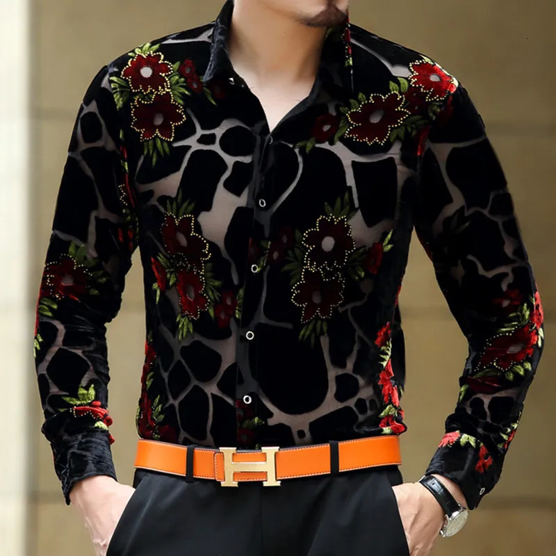 Exquisite floral silk dress mens long sleeved fashionable casual summer high-quality velvet transparent easy to care silk chemical men 241028