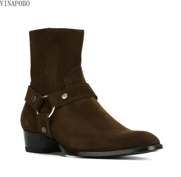Vintage Men Chelsea Boots Genuine Leather Suede Rome Style Man Ankle Zipper Male Casual Buckle Shoes Sapato Botas 241028