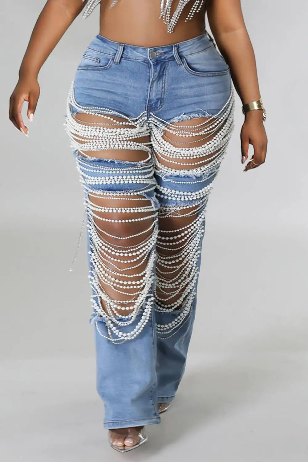 Women Plus Size Pearls Jeans Casual Vintage Cutout High Waist Y2K Streetwear Pearls Denim Jeans Pockets Slim Denim Trousers 241028