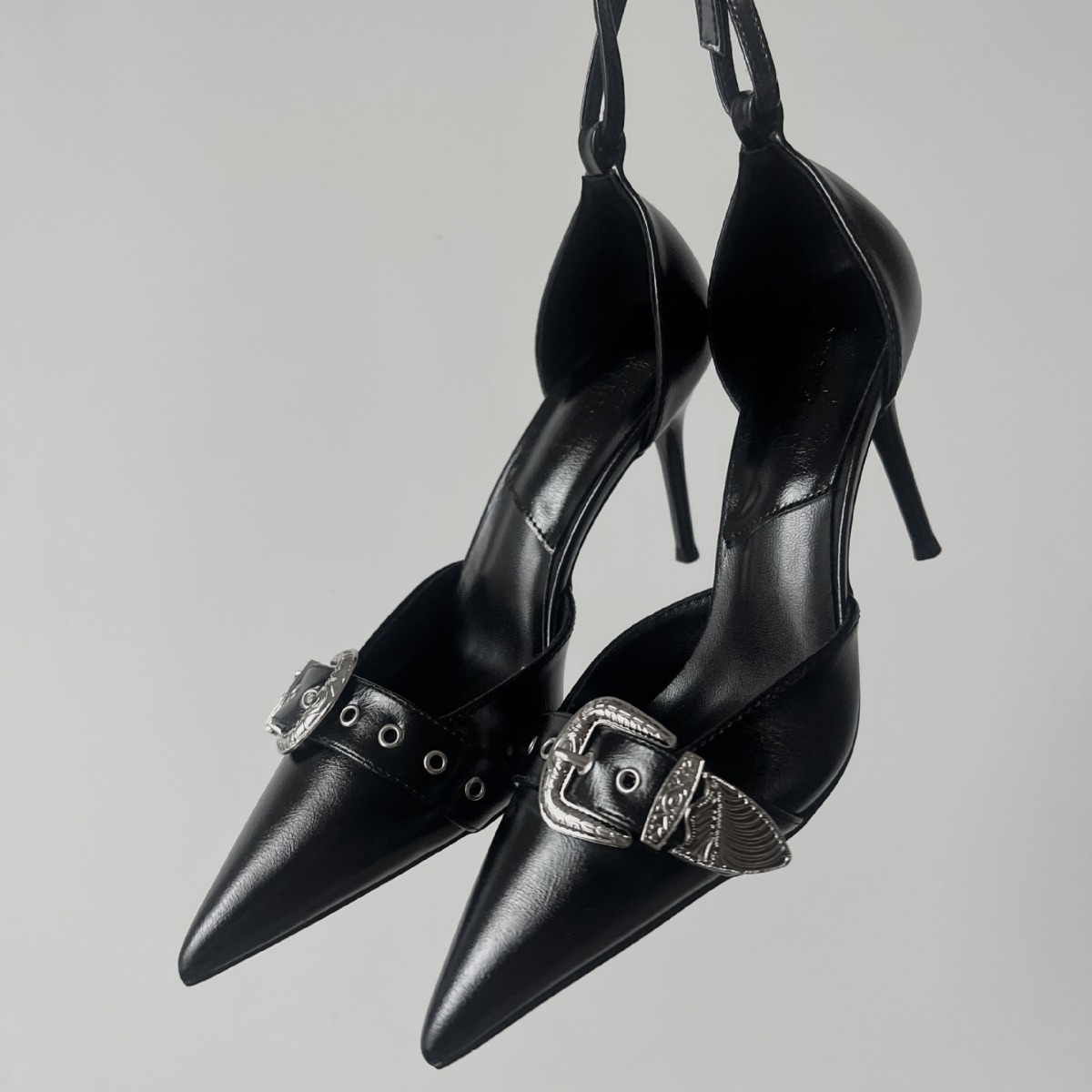 European and American Black Pointed Spring Summer Fine Heel Metal Buckle High Heels