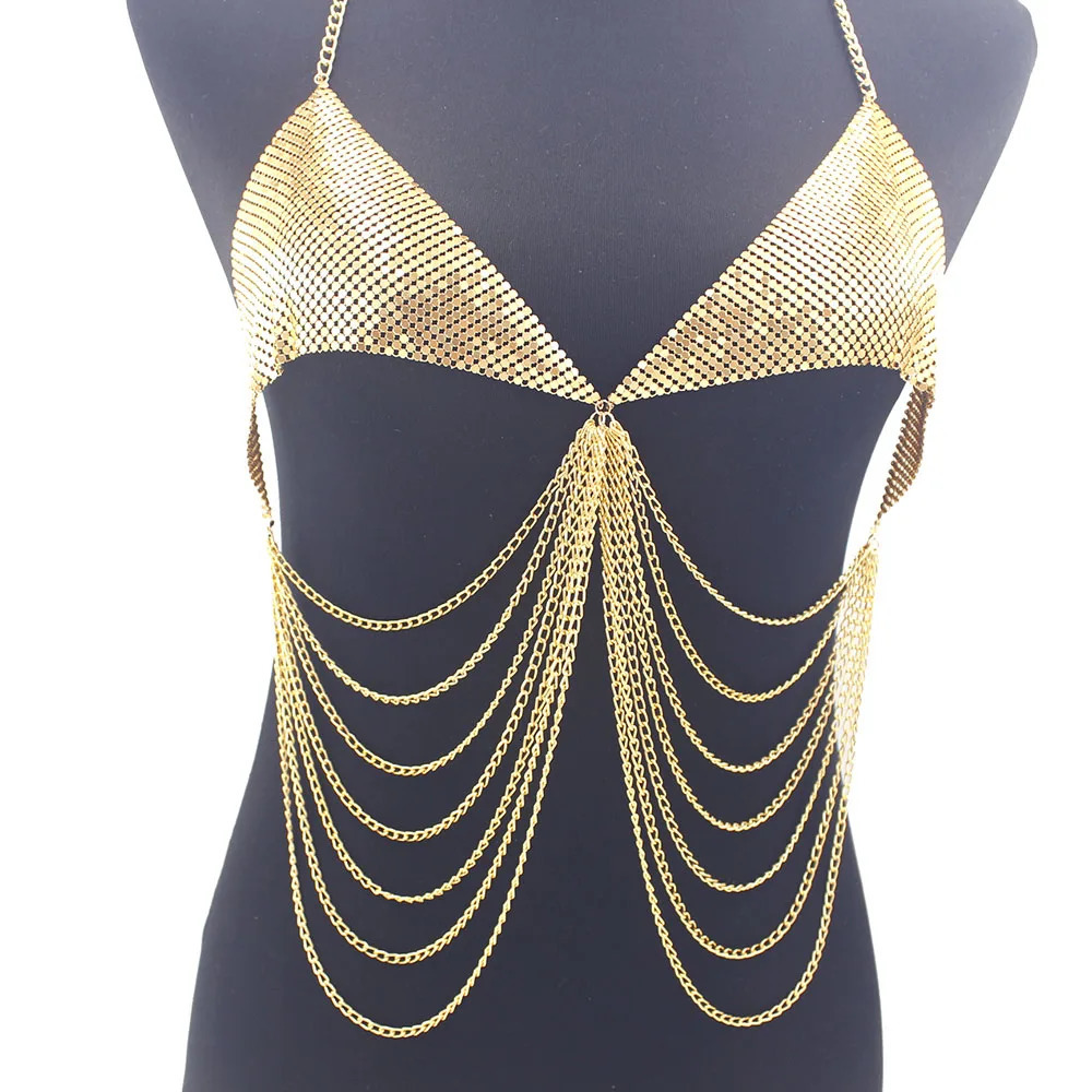 Metal Shiny Bra Tassel Women Body Chain Good Quality Gold Silver Color Underwear Nightclub Jewelry 241028