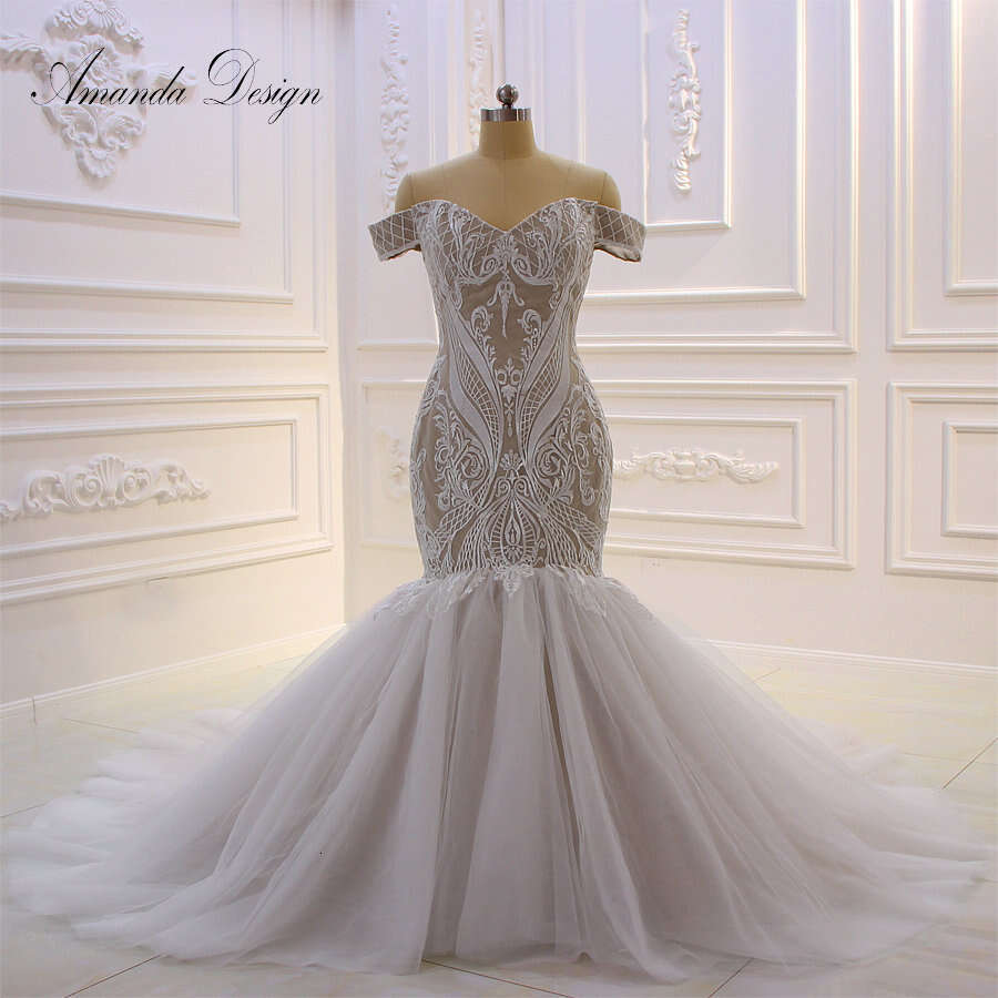 Amanda Design New Arrival Custom Made Champagne Off Shoulder Lace Applique Mermaid Wedding Dress 0227Lz