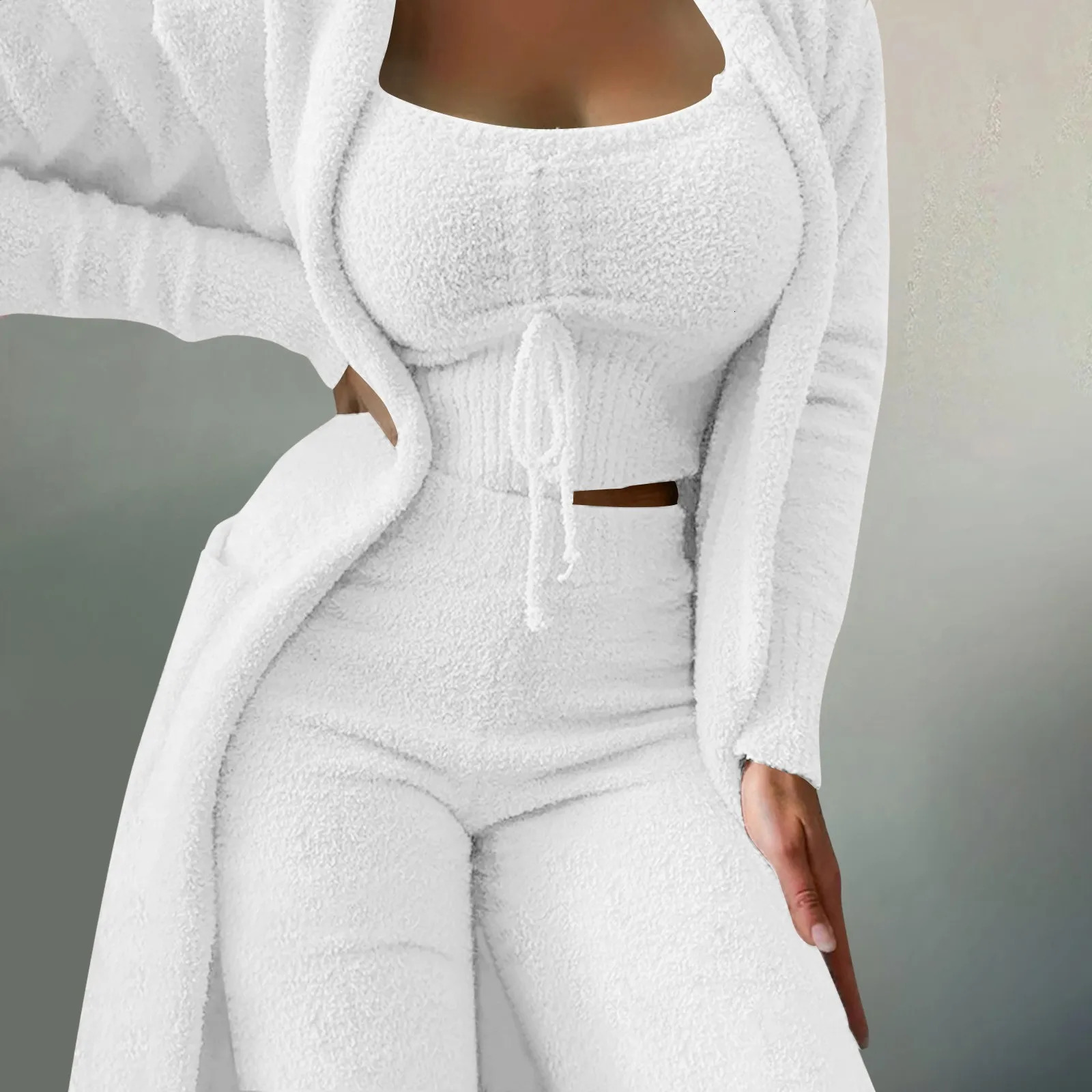 WomenS Fleece 3 Pc Teddy Loungewear Spaghetti Strap Crop Tank Wide Long Pants Fuzzy Kimono Cozy Sweatsuit Set Ladies Pants Suit 241028