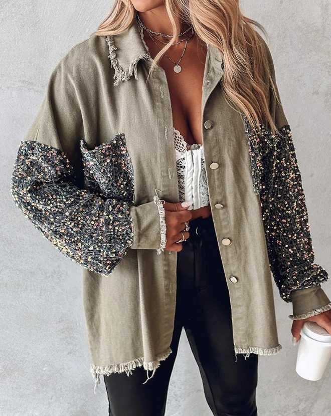 Women's Jackets Womens Contrast sequin raw hem shaver casual clothing new autumn color lock womens fashionable warm long Sleve loose jacket Y2410