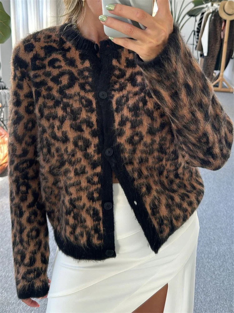 Tossy Female Leopard Cardigan Sweater Fashion Printed Contrast Loose Long Sleeve Commute Cropped Coat Womens Autumn Cardigan 241028