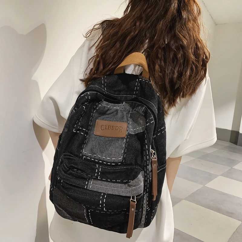 CMM Trendy Cool Patch Women Backpack Washed Denim College Men Female Laptop School Bags Large Capacity Travel Shoulder Bag 241029