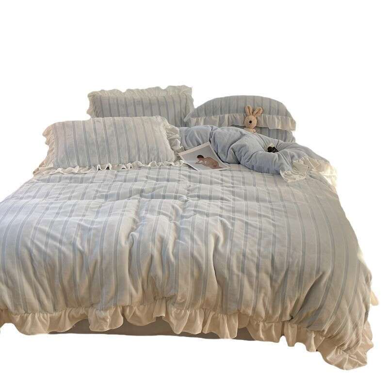 Ins Princess Wind Milk Four Winter Thickened Three Piece Set Double Sided Velvet Duvet Cover Bed Sheet Carving Flower Bedding 4