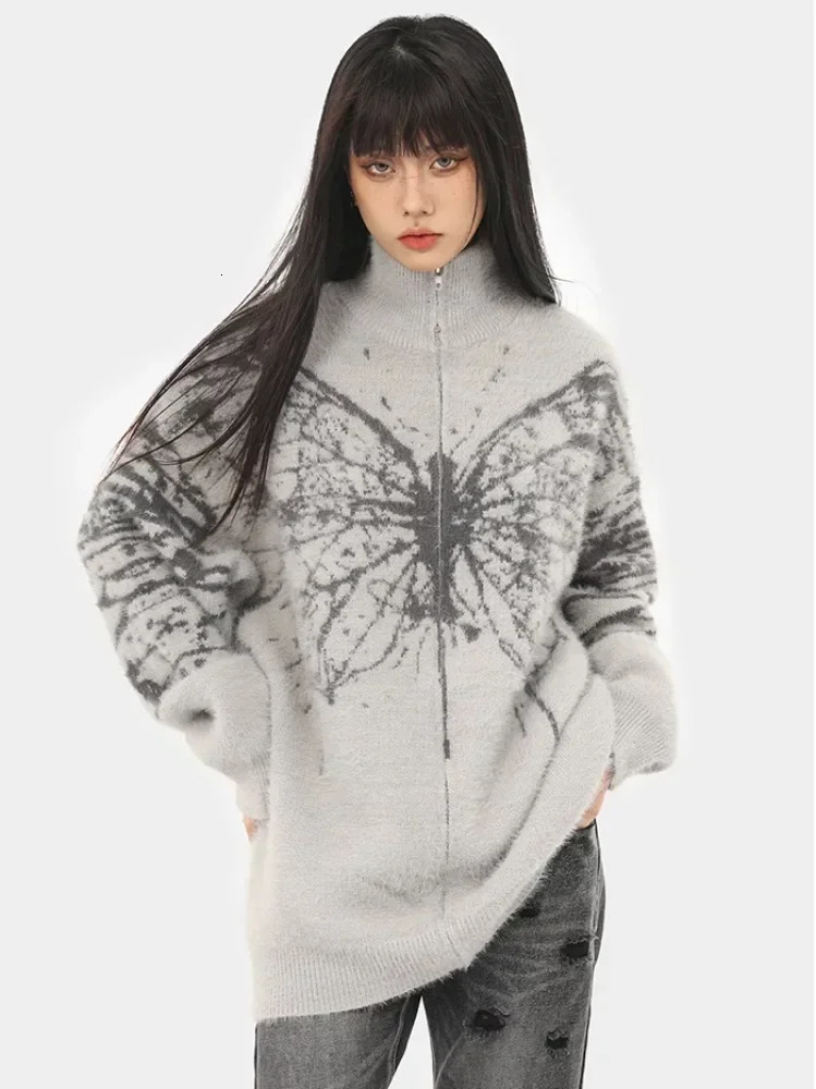 Deeptown Fluffy Oversized Butterfly Zip Up Cardigan Women Grunge Y2k Streetwear Knit Sweater Black Gray Vintage Long Sleeve Tops 241028