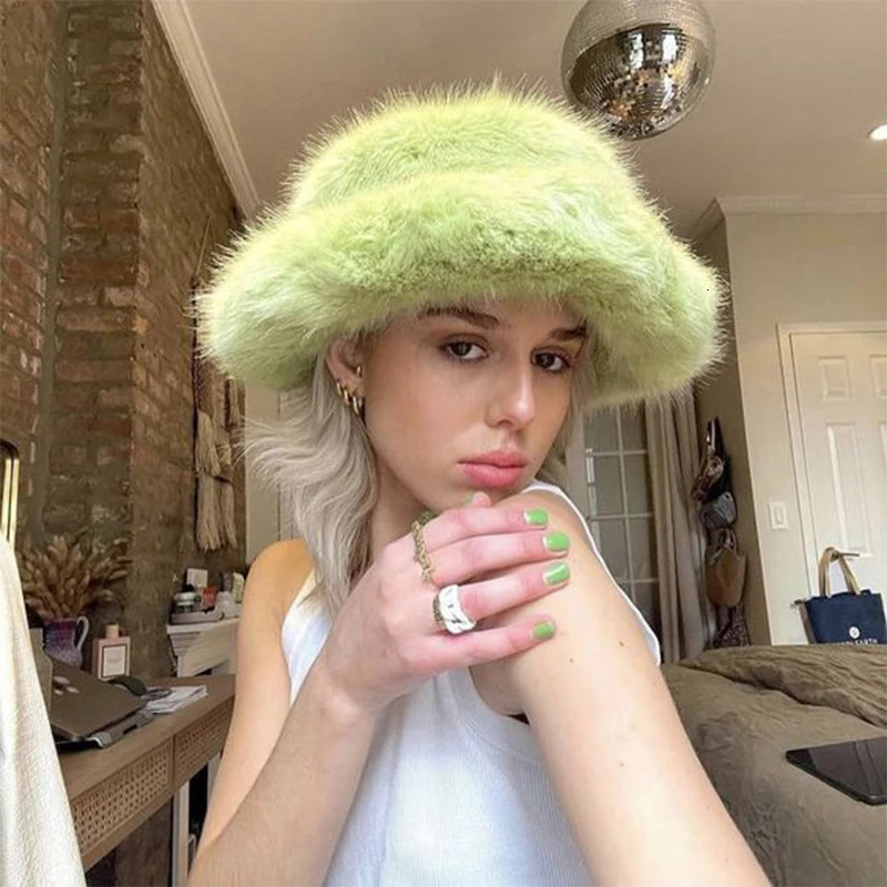 Harajuku Y2k Beanie Bucket Purple Womens Winter Hat Fluffy Fur Warm Artificial Fur Festival Party Fashion Girls Fashionable Autumn Clothing 241029
