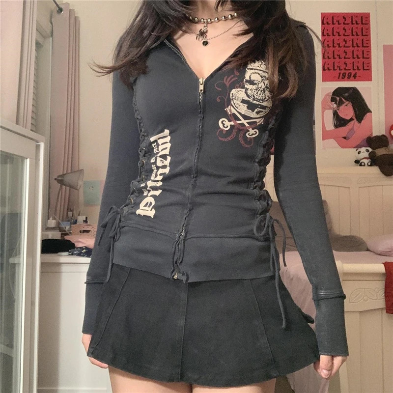 Xingqing y2k Grunge 2000s Sportswear Punk Gothic Womens Zipper Long Sleeve Top E Girls Hoodie Dark Academic Aesthetic Clothing 241025
