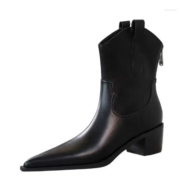 Boots Woman Flat Autumn Shoes Zipper Boots-Women Winter Footwear Low Rubber Fashion 2024 Pointy Ladies Med