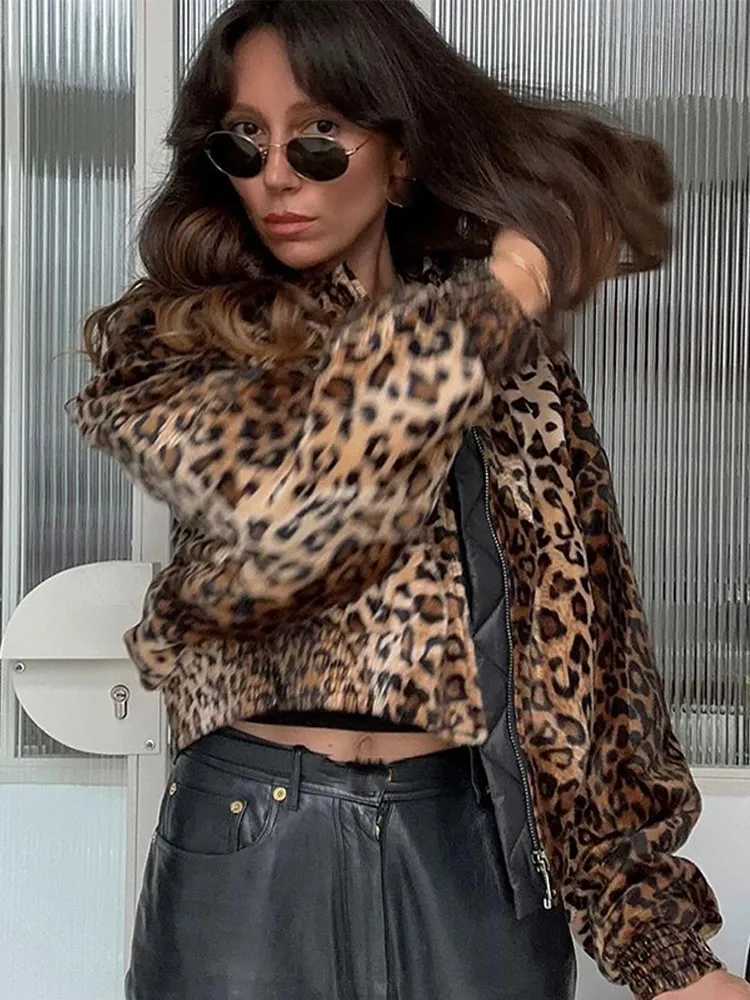 Women's Jackets Women Fashion Leopard Print Bomber Jacket Casual Loose Long Slve Zipper Cropped Coat 2024 Autumn Lady High Strt Outerwear Y241029