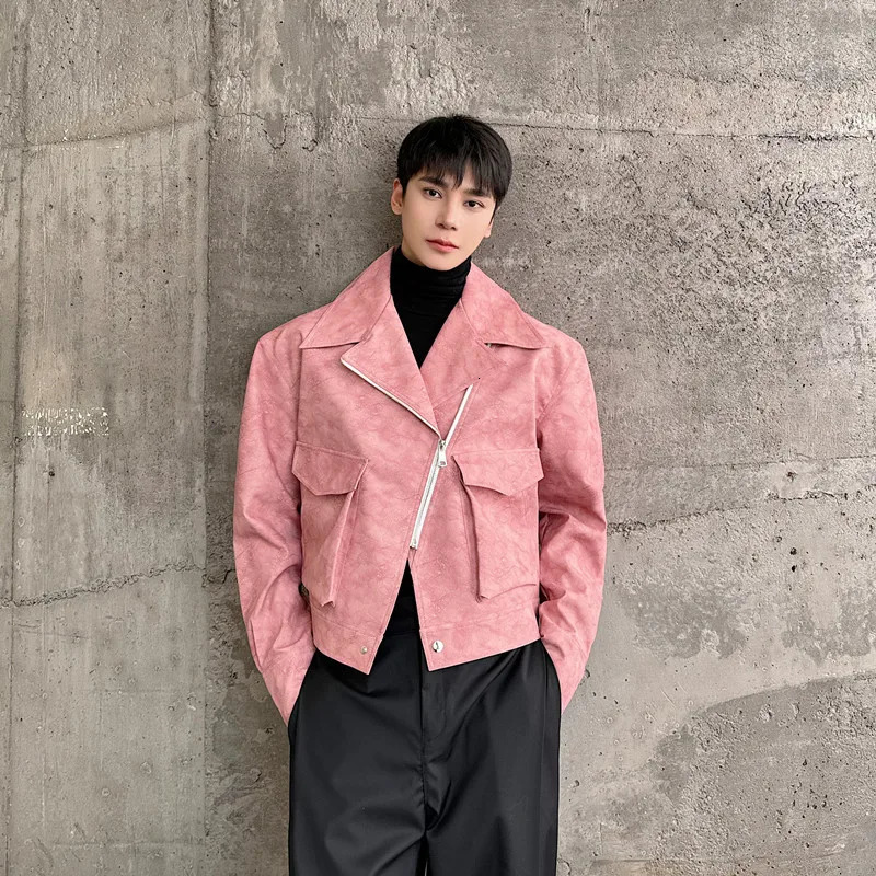 mens short PU leather jacket matte tie dyed fashionable motorcycle jacket hip-hop streetwear mens green pink 241028