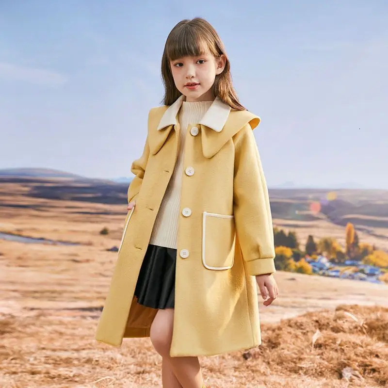 Girls Woolen Coat Autumn and Winter Middle-aged and Young Children Fashion Woolen Windbreaker Girls Long Woolen Coat 241028