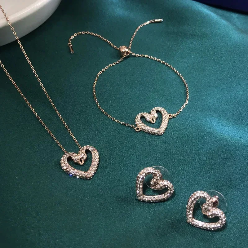 Original 2024 Romantic Party Gift Charming Pink Heart shaped Crystal Pearl Necklace Earrings for Womens High Jewelry Set 241030