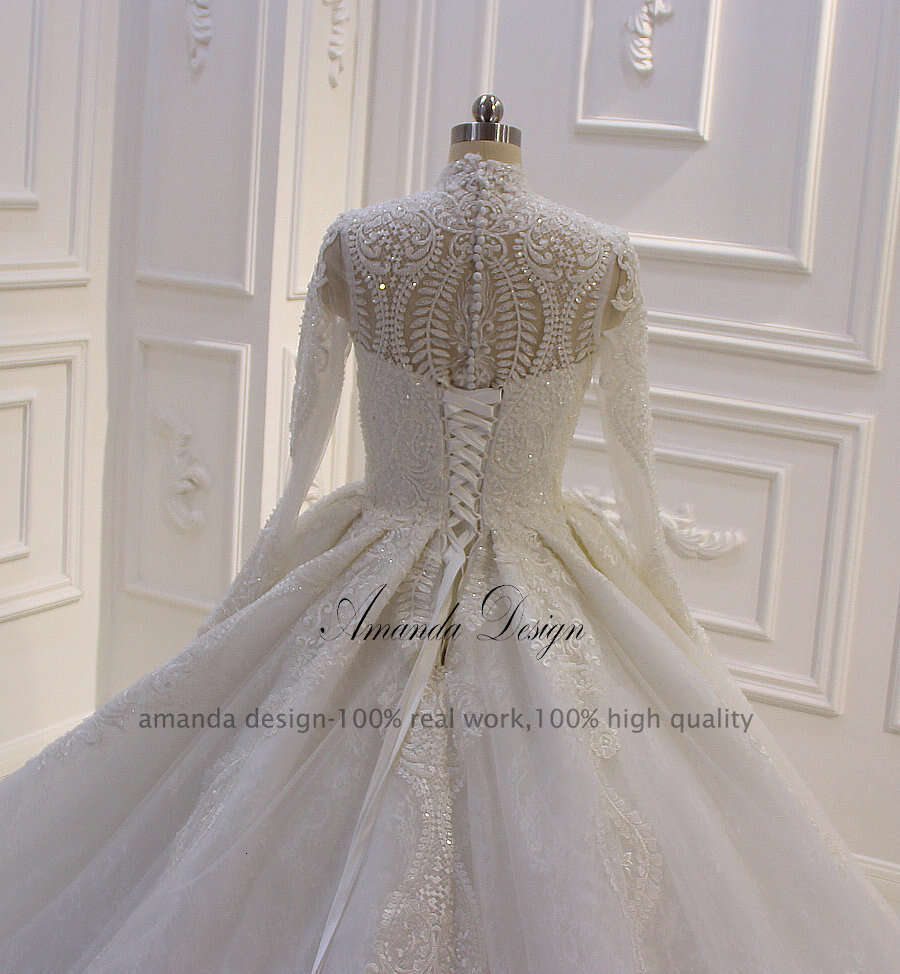 Amanda Design bouquet mariage High Neck Long Sleeve Lace Appliqued Muslim Wedding Dress