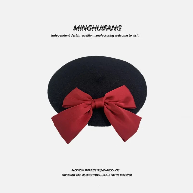 Japanese Wool Big Bow Beret Female Korean Version Autumn and Winter Wild Retro for Feeling Painter Hat 241009