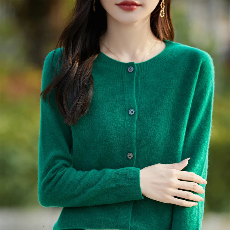 Women 100% Merino Wool Sweater O-neck Long Sleeve Basic Grace Cardigan Spring Autumn Office Lady Clothes Fashion Tops 241029