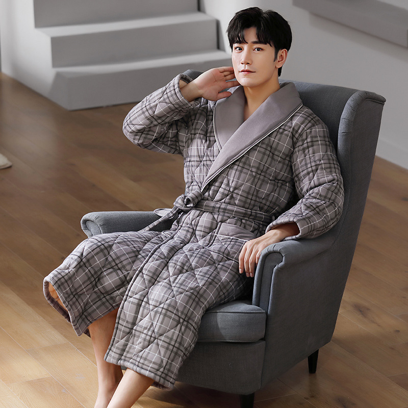 2024 Designer Men's Sleeping Robe Autumn Winter Pure Cotton Three-layer Jacket For Warmth Middle-aged Dad Thick Medium And Long Elderly Bathrobe
