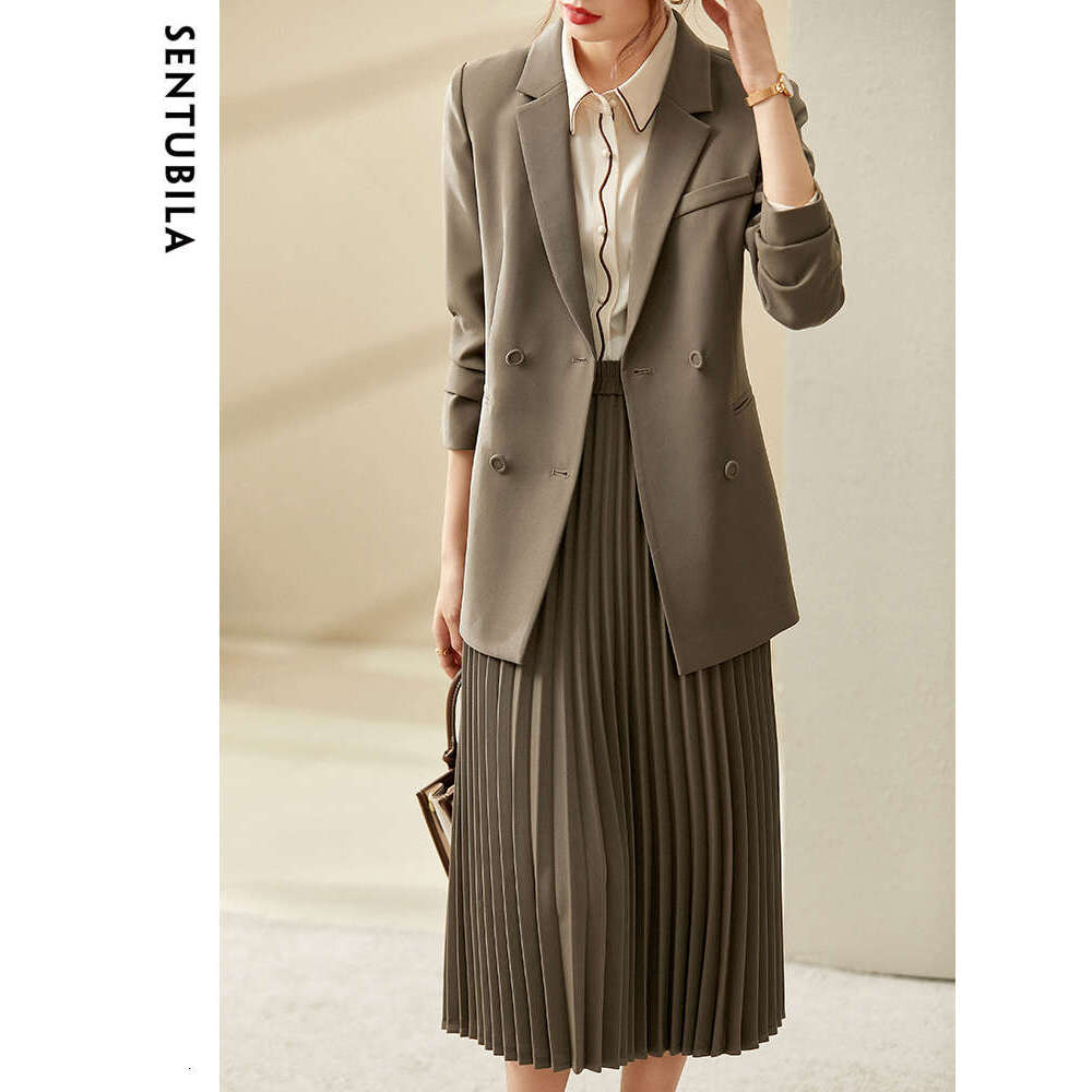Elegant Blazer And Skirt Set For Women Spring Autumn Long Sleeve Suit Jacket Pleated Skirts 2 Pieces Sets 123Z43430