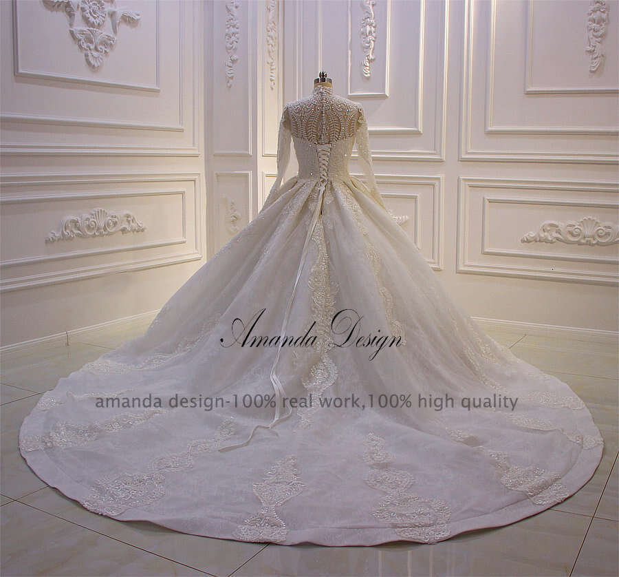 Amanda Design bouquet mariage High Neck Long Sleeve Lace Appliqued Muslim Wedding Dress