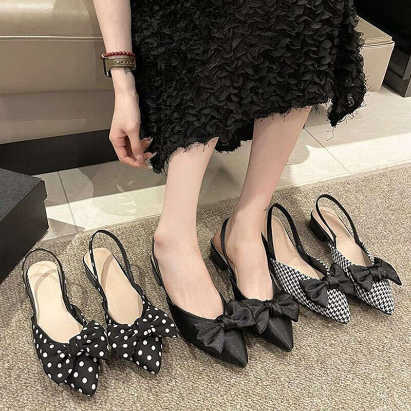 Women's Fashion Pointed Toe Bowknot Sgbac Pumps Plaid Polka Dots Heels Slip-on Small Heel Sandals Casual Thin Shoes