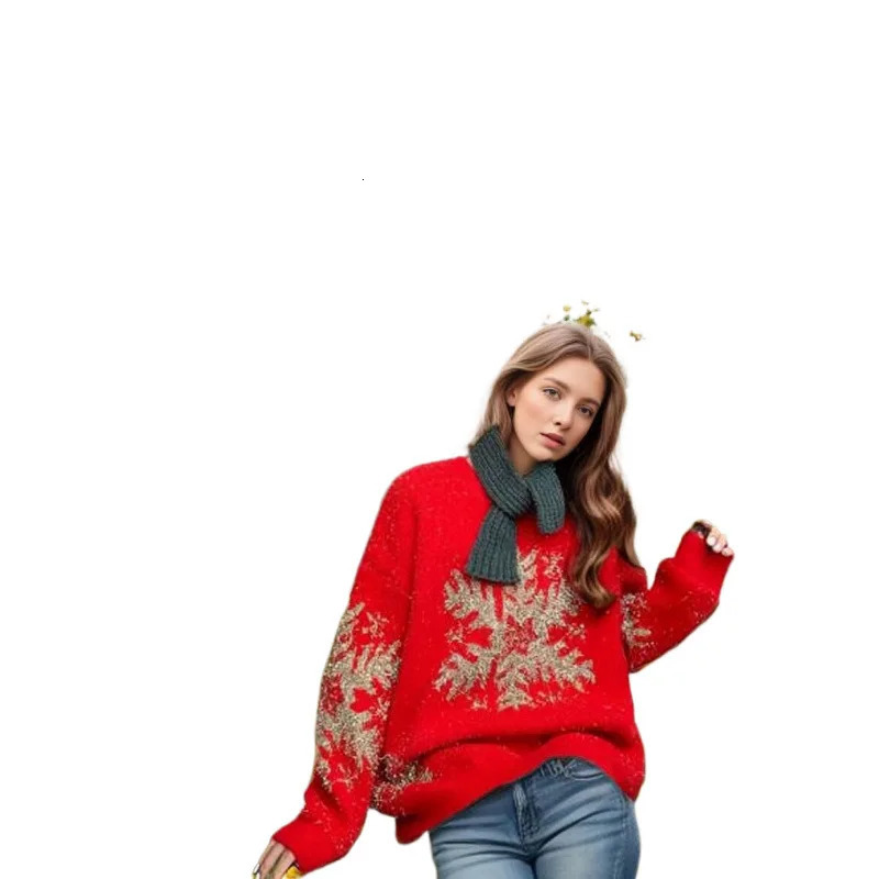 Autumn/Winter Loose Thread Snowflake Christmas Sweater Round Neck Long Sleeve Years Womens Zipper Shirt 241025