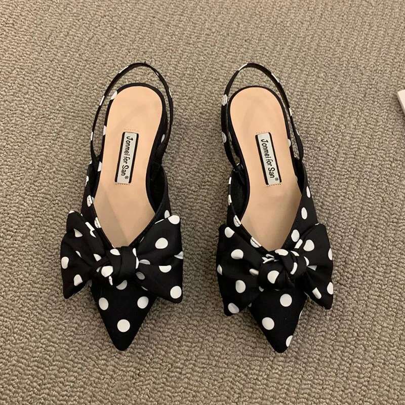 Women's Fashion Pointed Toe Bowknot Sgbac Pumps Plaid Polka Dots Heels Slip-on Small Heel Sandals Casual Thin Shoes
