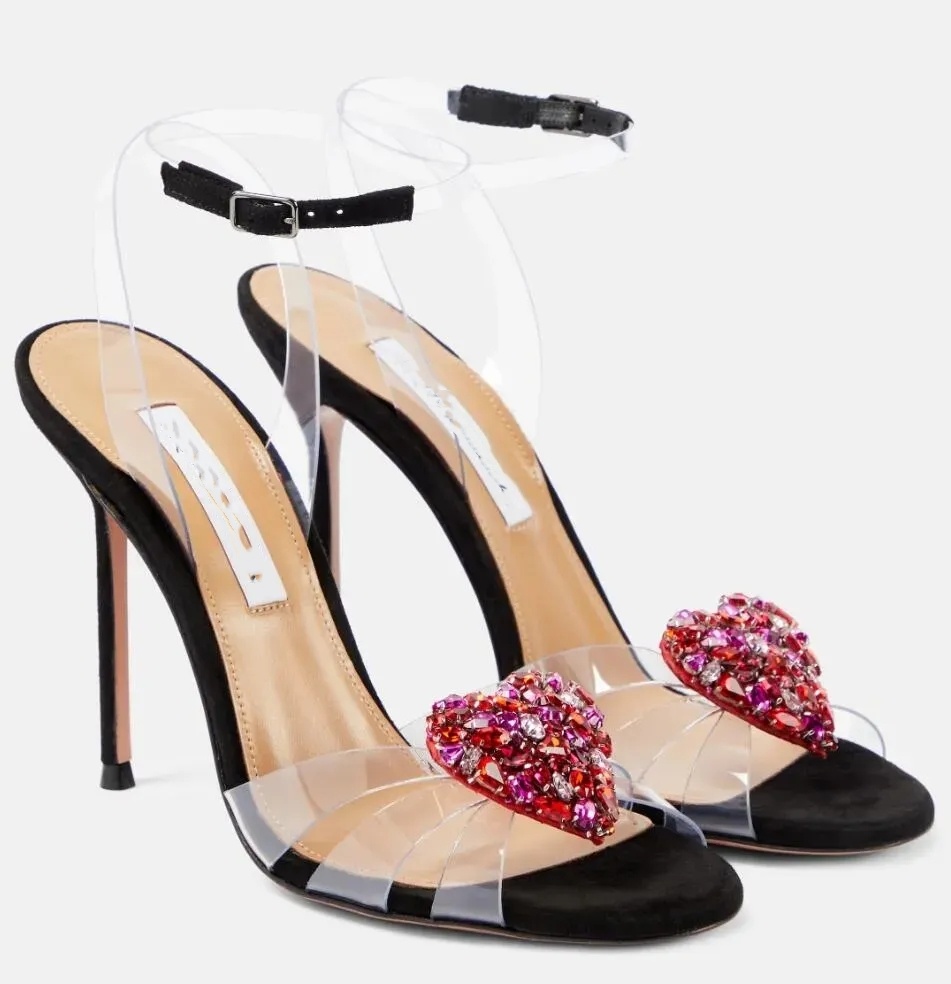 Luxury 2025S/S Brand A Sandals Shoes !! Women Pumps Love Me Crystal-heart Embellished PVC High Heels Wedding,Party,Dress,Evening