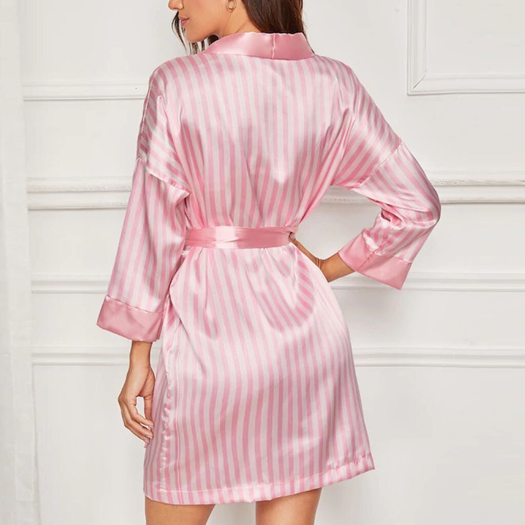 Women's Pink Light And Thin Nightgown Plus Size Sexy Gerie Women Silk Stripe Robe Satin Bathrobe Sleepwear Pamas 2023