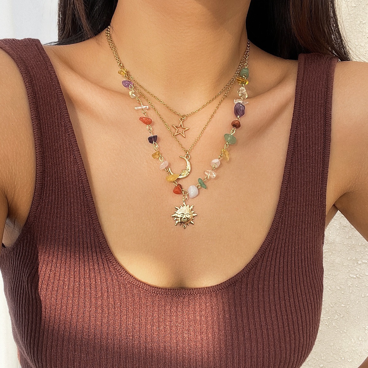 European and American Cross-border Jewelry New Chinese Retro Moon Zircon Necklace Mint Wave Style Green Leaf Sweet and Cool Layered Necklace