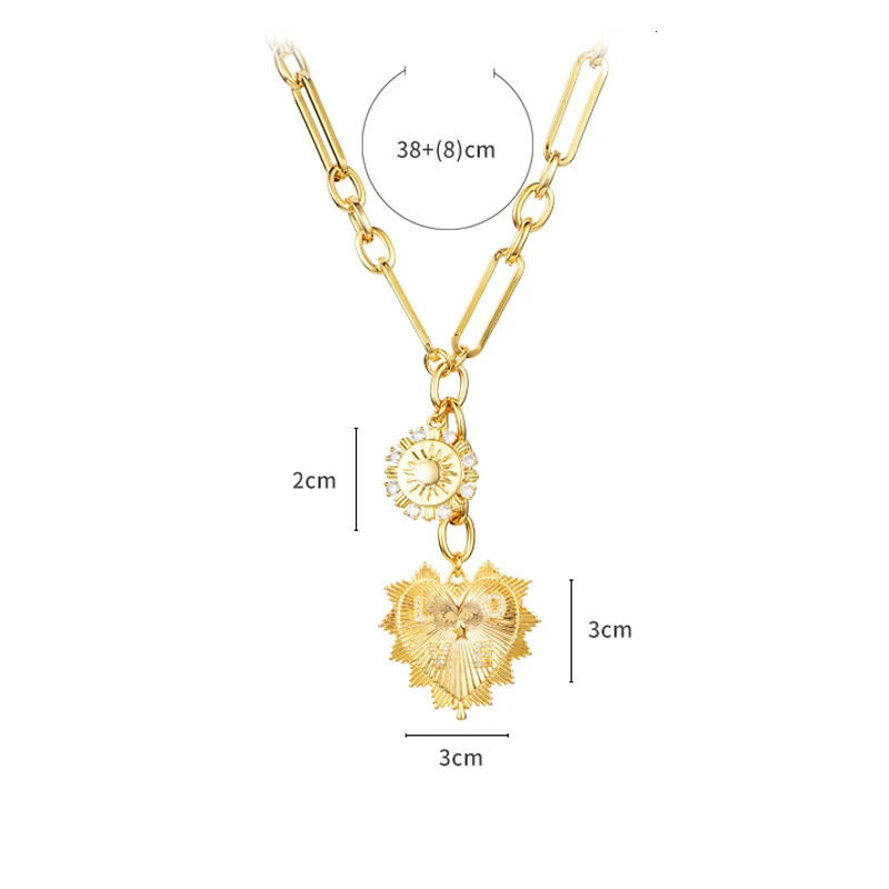 Sun heart-shaped pendant necklace sweater chain necklace suitable for women Gils gold-plated multi pendant short and chubby chain hip-hop 241030