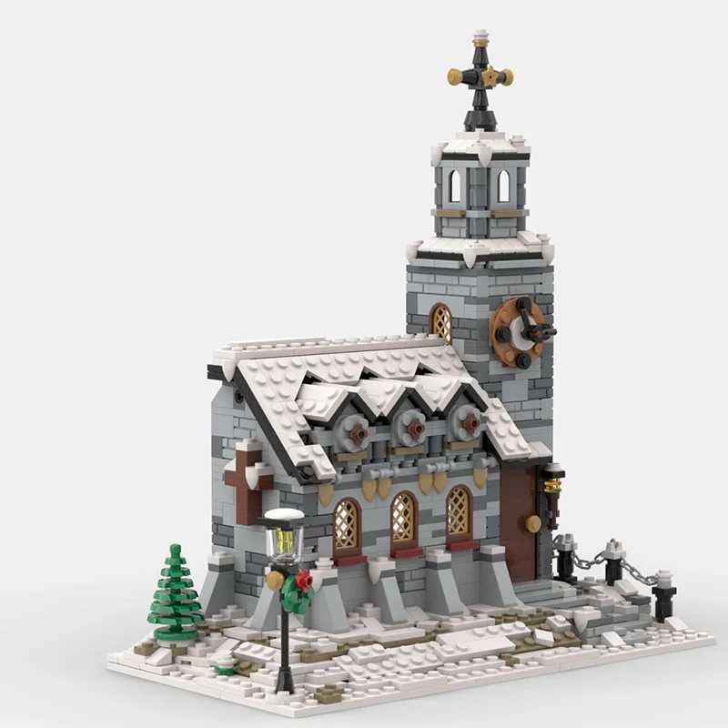 2024 new Winter Village Church Building Block Kit Ci Street Snow House Modular Architecture Brick Model Toy Christmas GiftXJ241029