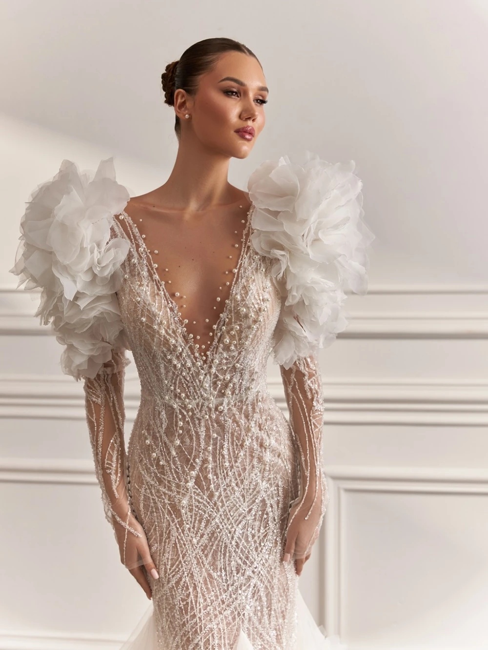 Ful Pearls Wedding Dresses Sequins Deep V Neck Bride Gown Ruffle Train Bridal Dress Illsuion Long Sleeves Custom Made Vestidos De Novia 0218