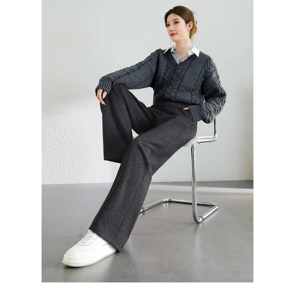 Casual Straight Wool Pant Women Thick Warm High Waisted Full Length Knitted Sweatpant Winter 2024 Clothes 144K56338