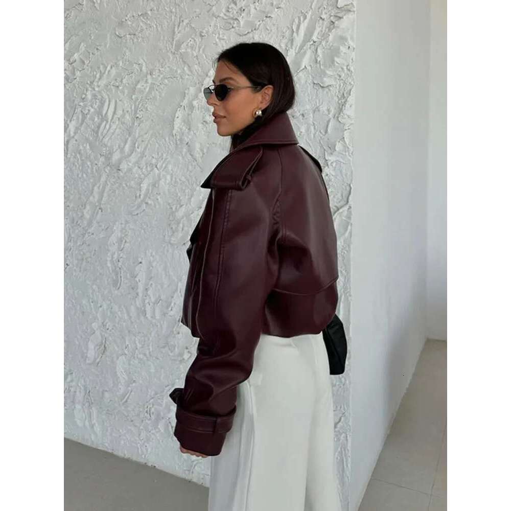 Street Bury Leather Women Lapel Jacket Fashion Solid Casual Long Sleeves Female Jackets 2024 Motorcycle Lady Overcoat