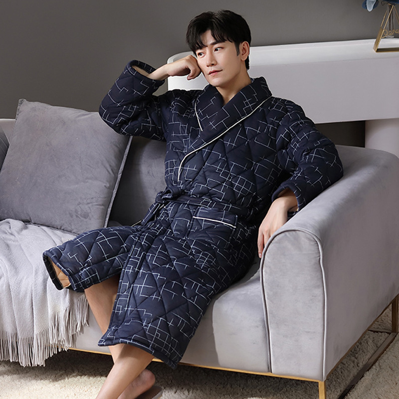 2024 Designer Men's Sleeping Robe Autumn Winter Pure Cotton Three-layer Jacket For Warmth Middle-aged Dad Thick Medium And Long Elderly Bathrobe