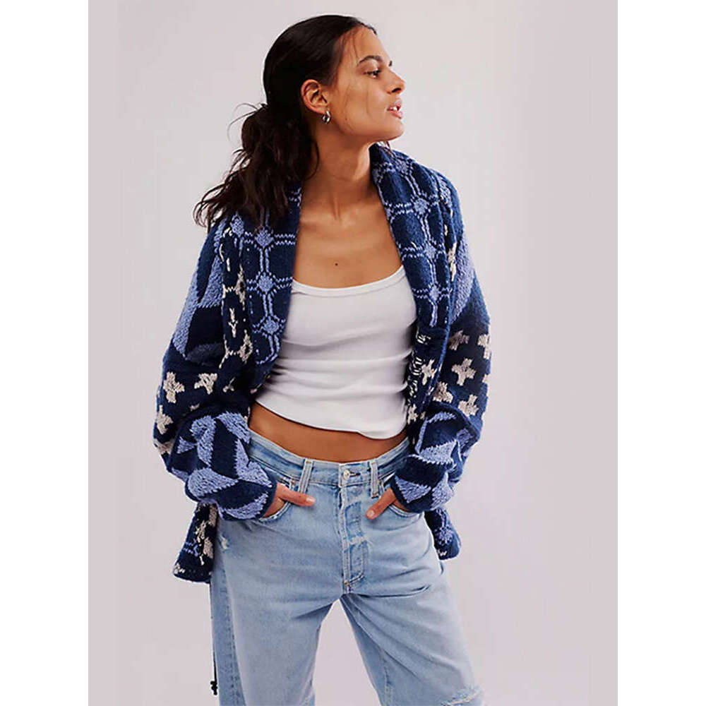 Women Print Knit Sweater Vintage Loose V-Neck Long Sleeve Cardigan Female Single-Breasted Jacket 2024 Autumn New Lady Outwears
