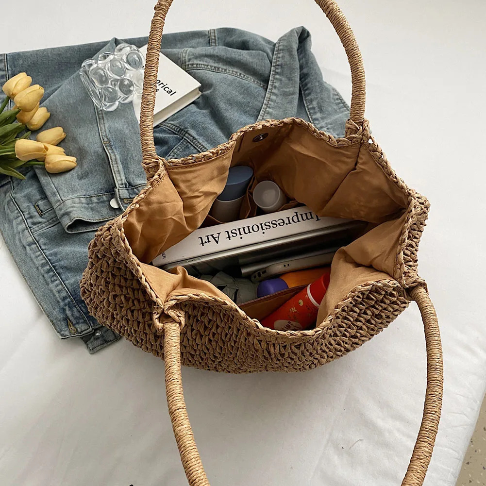Women Straw Tote Handbag Large Capacity Vintage Shoulder Bag Solid Color Crochet Beach Ladies Summer Daily 241029