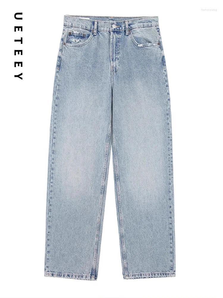 Streetwear Low Waisted Blue Straight Jeans For Women, Vintage Hole Loose Denim Pants