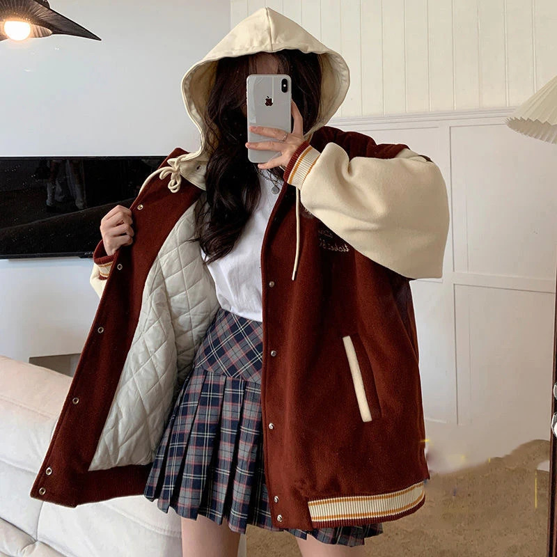 Winter cotton padded baseball jacket Korean casual loose hooded Chaquetas warm Jaqueta top womens chiffon Casaco 241029