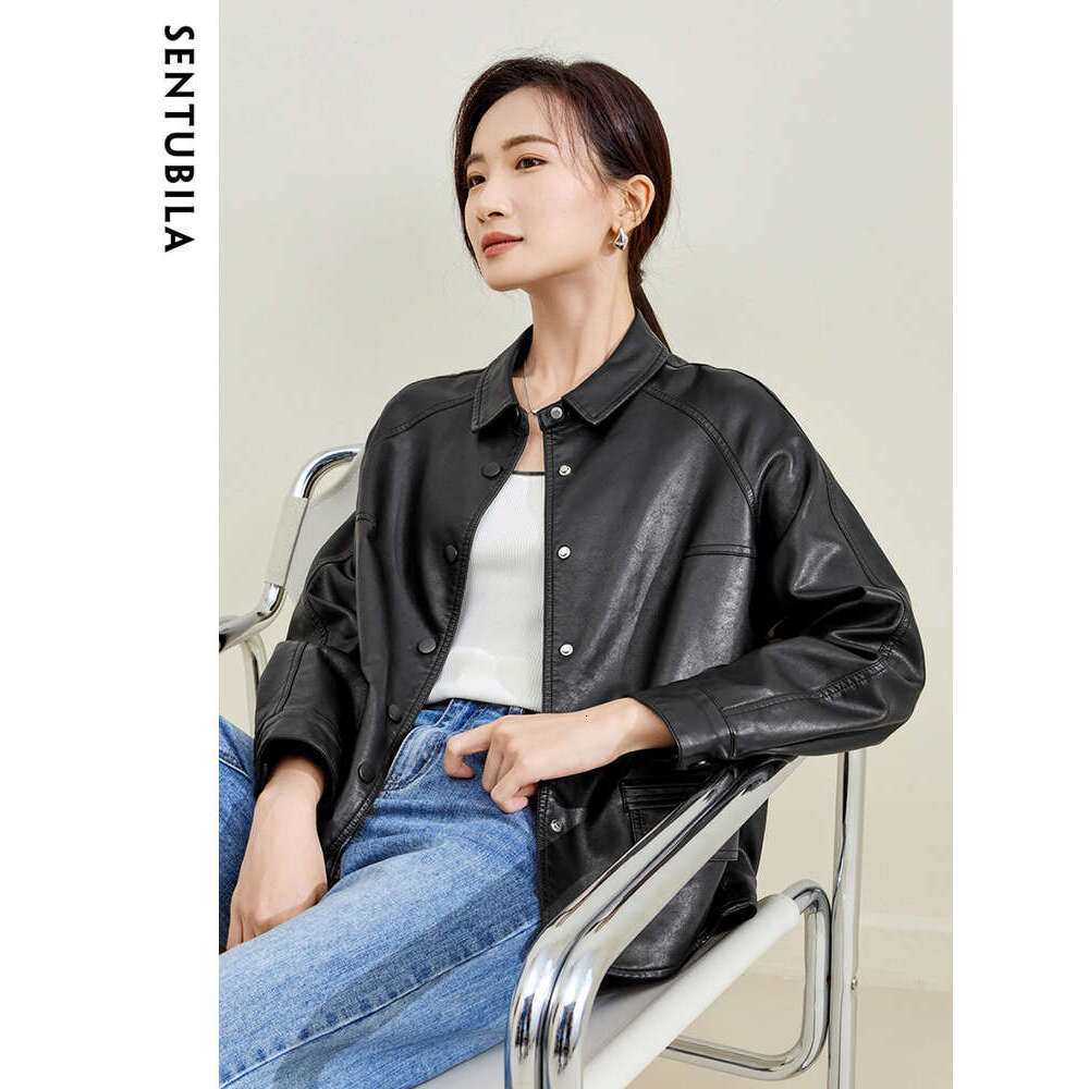 Black Faux Women Shacket 2024 Autumn Winter Outerwear Pu Leather Button Up Shirt Jacket Coat W33g49948